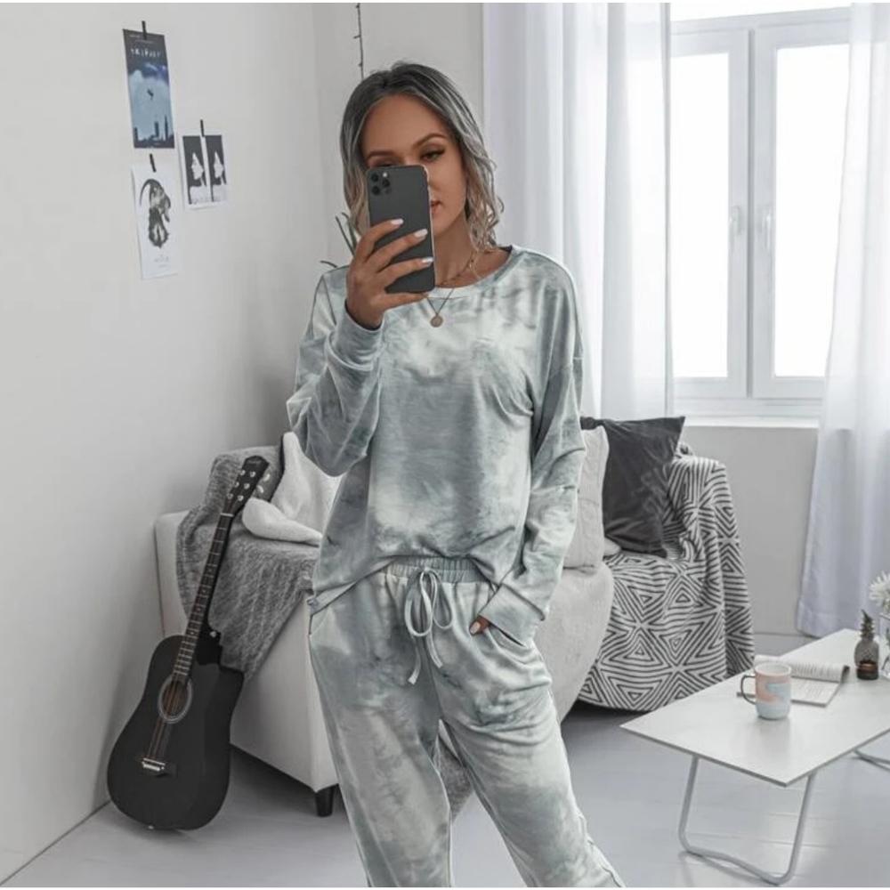 Boho Soft Gray Tie Dye Two Piece Jogger Set